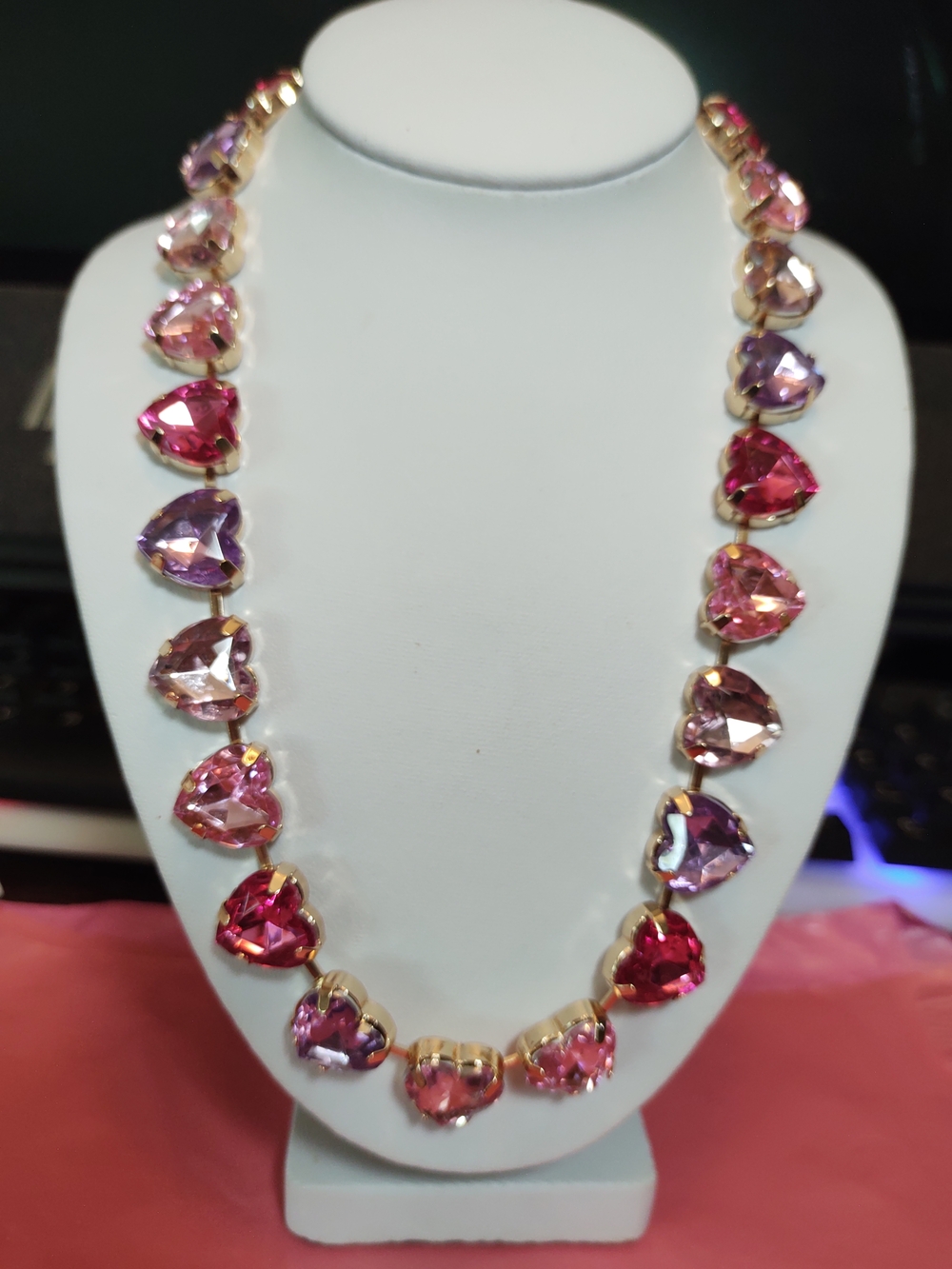 Fashion Jewelry Pink & Purple Heart Crystal Necklace